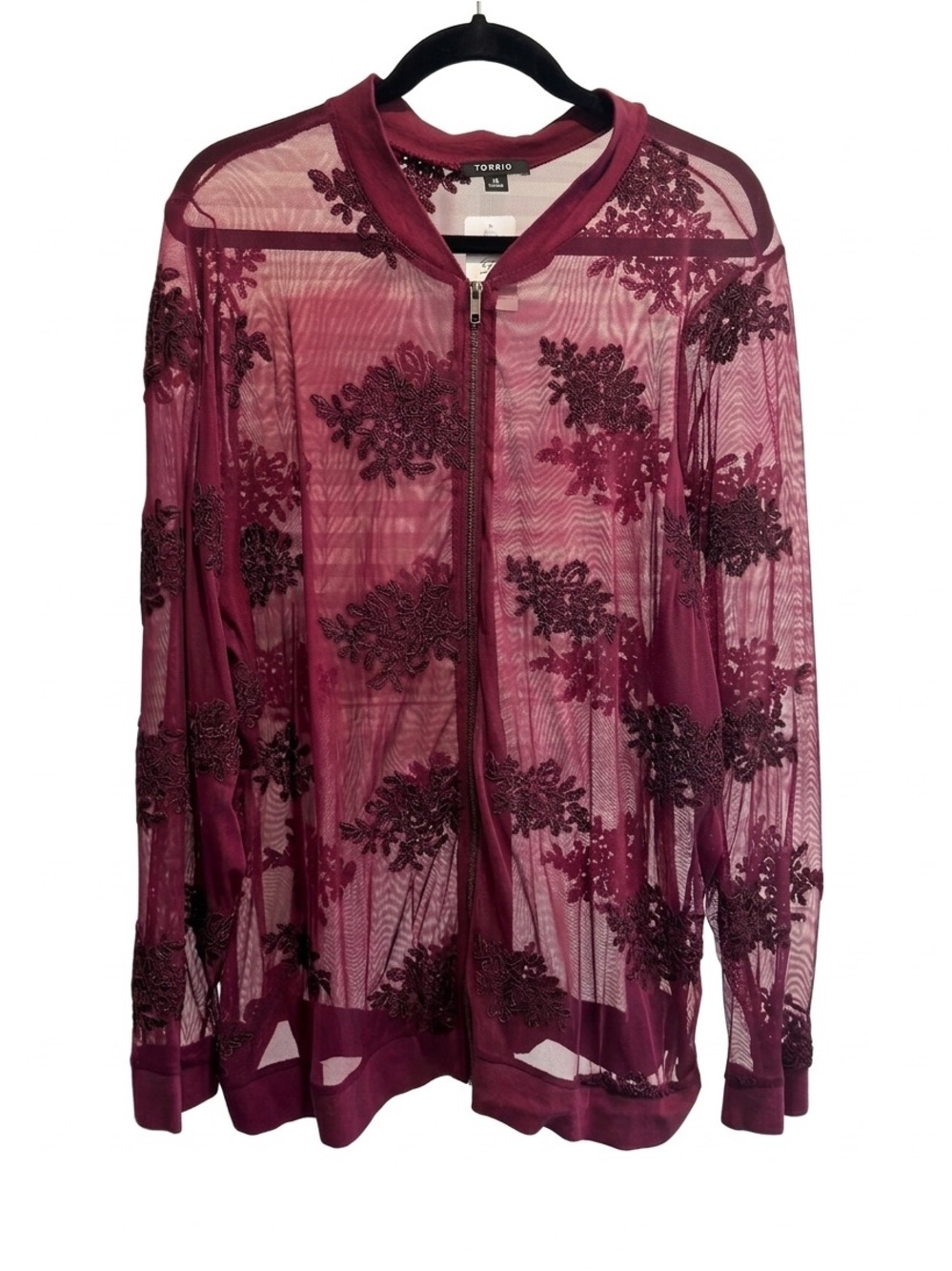 Torrid Burgundy Floral Embroidered Mesh Bomber Jacket Plus Size 5X
